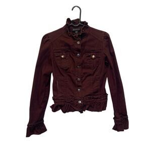 INC international Concepts Ruffle Trim with Raw Hem Denim Jacket Maroon Size P